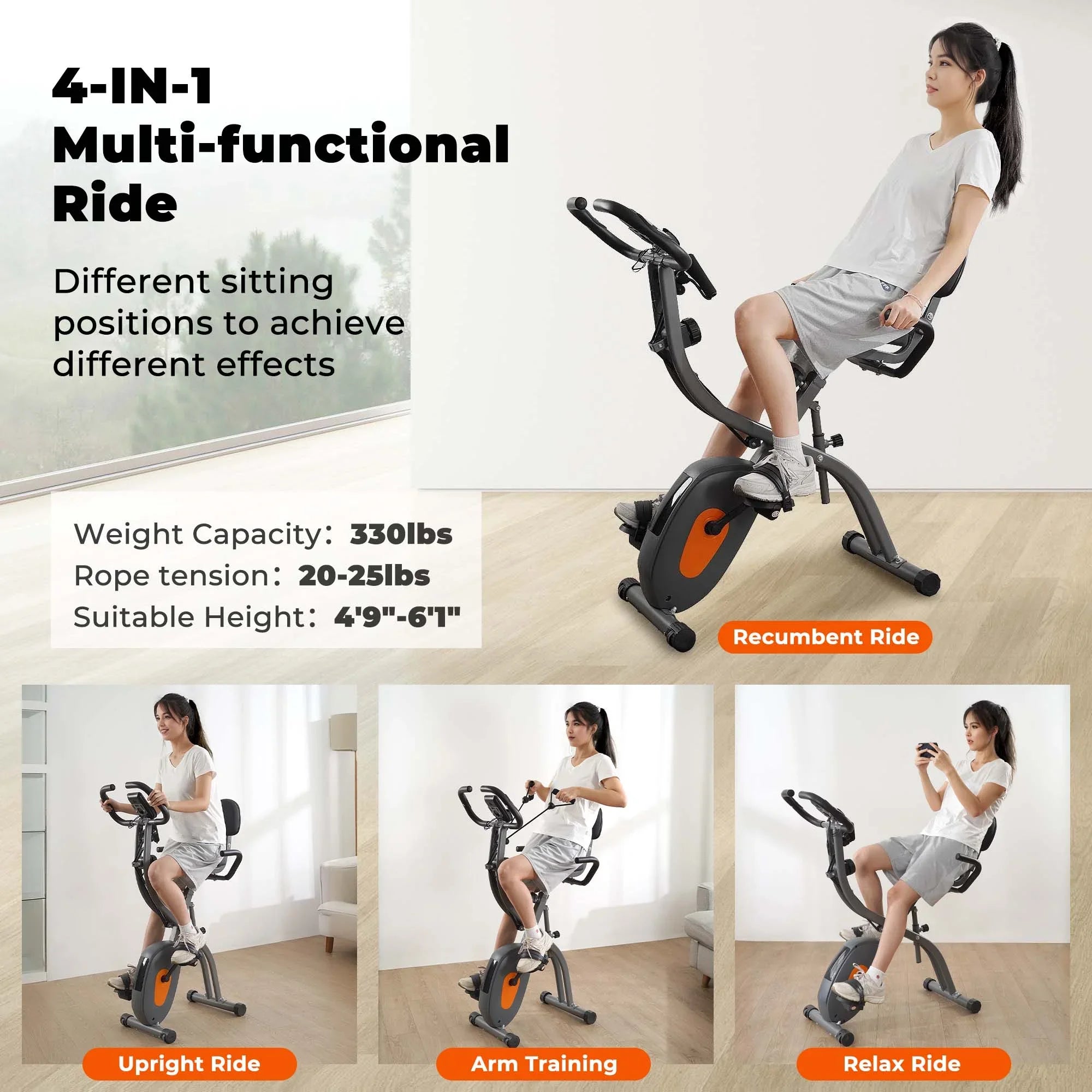 Folding Exercise Bike 4 in 1 Magnetic Stationary Recumbent Bike 10 Level Resistance for Home Use with Arm Resistance Bands