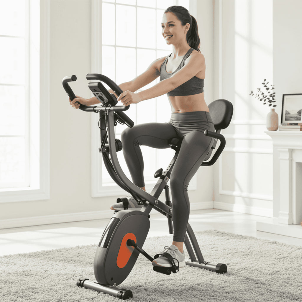 Folding Exercise Bike 4 in 1 Magnetic Stationary Recumbent Bike 10 Level Resistance for Home Use with Arm Resistance Bands