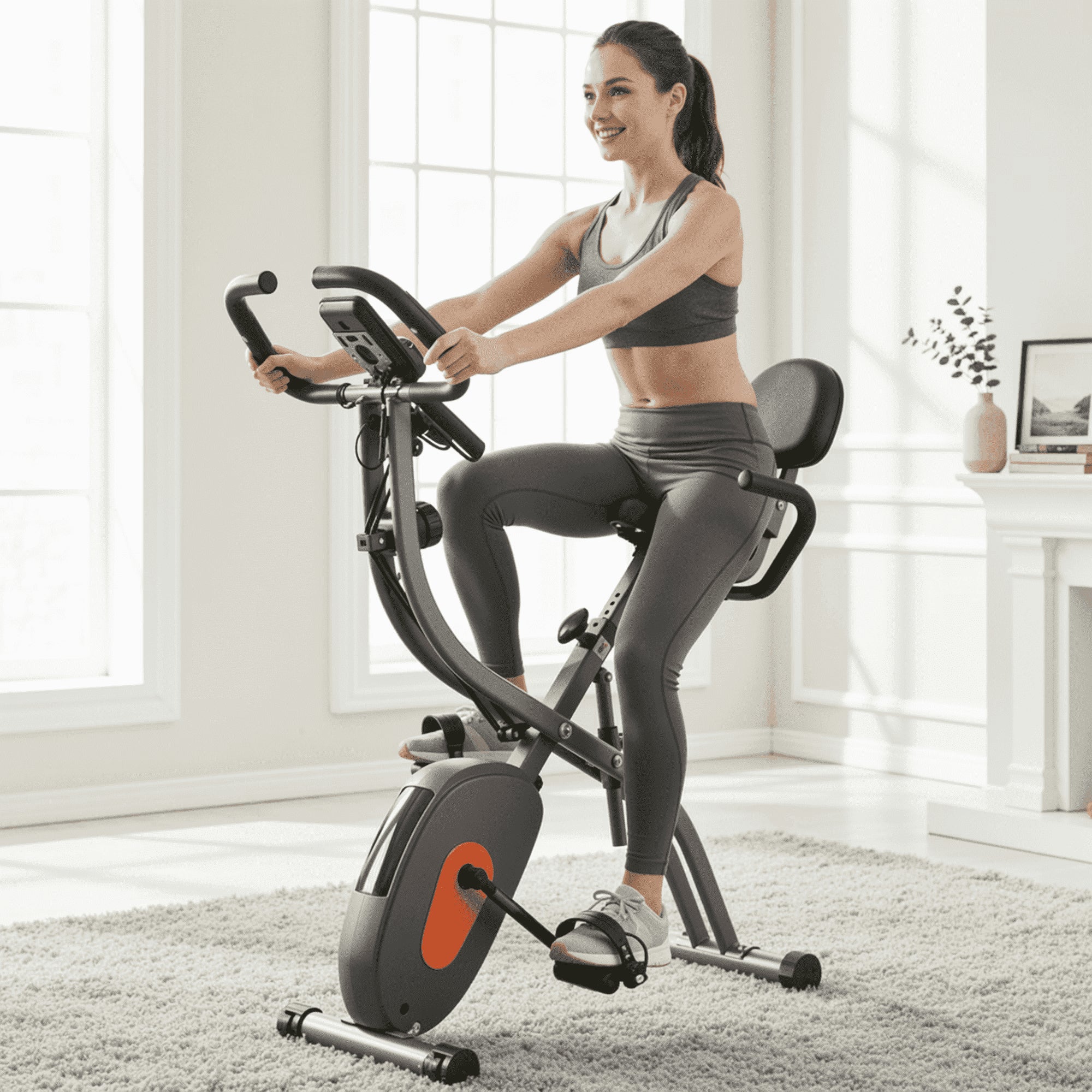 Folding Exercise Bike 4 in 1 Magnetic Stationary Recumbent Bike 10 Level Resistance for Home Use with Arm Resistance Bands